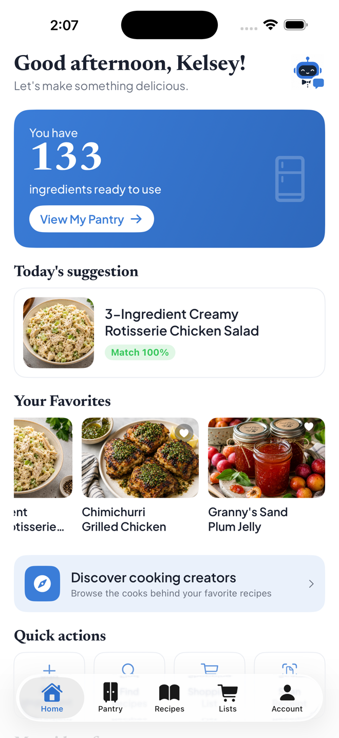 The Pantry Butler home screen showing ingredients ready to use, items to use soon, and recipe ideas.