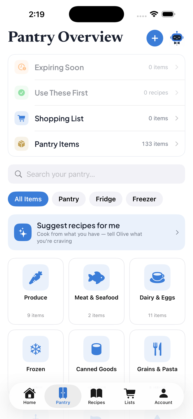 Pantry overview: search, location filters, and category cards with item counts.