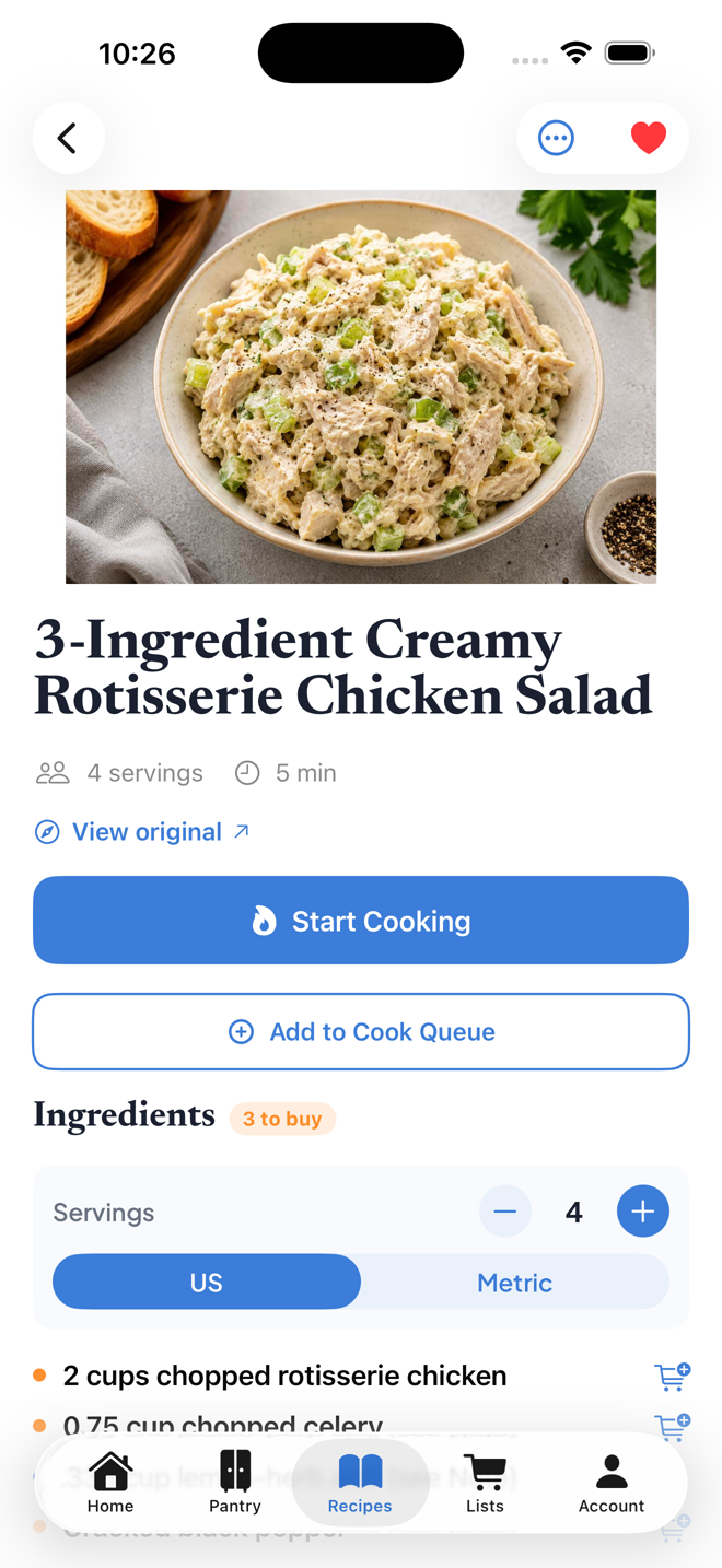 A saved recipe with ingredients and steps.
